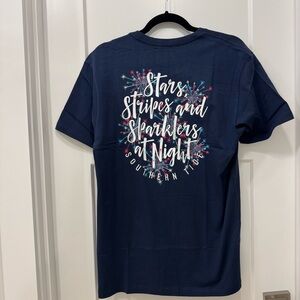 Southern Tide Blue Cotton Tee Woman small tshirt stars and stripes fireworks